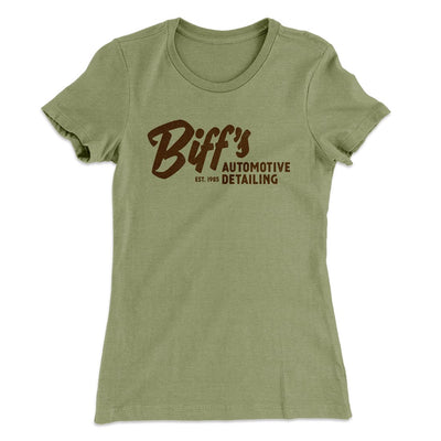 Biff's Auto Detailing Women's T-Shirt Light Olive | Funny Shirt from Famous In Real Life